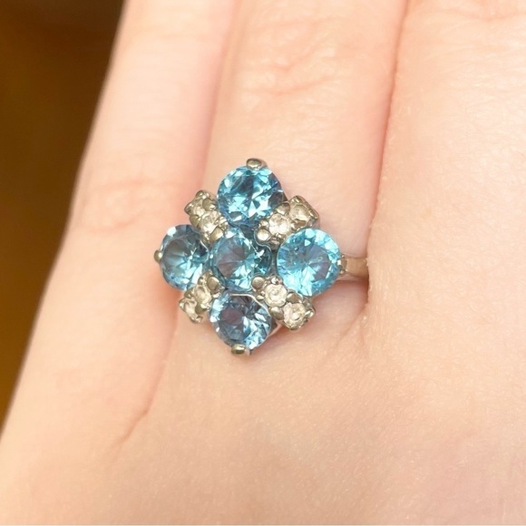 swiss blue topaz diamond flower snowflake 10k solid white gold cluster r… - Picture 5 of 11